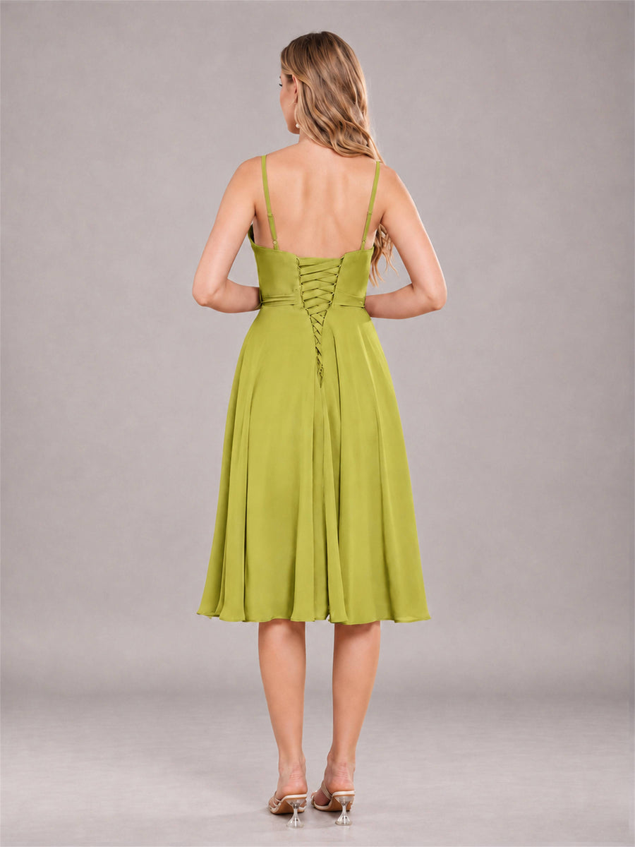 Chartreuse Simple Spaghetti Straps Knee Length Chiffon Short Bridesmaid Dress