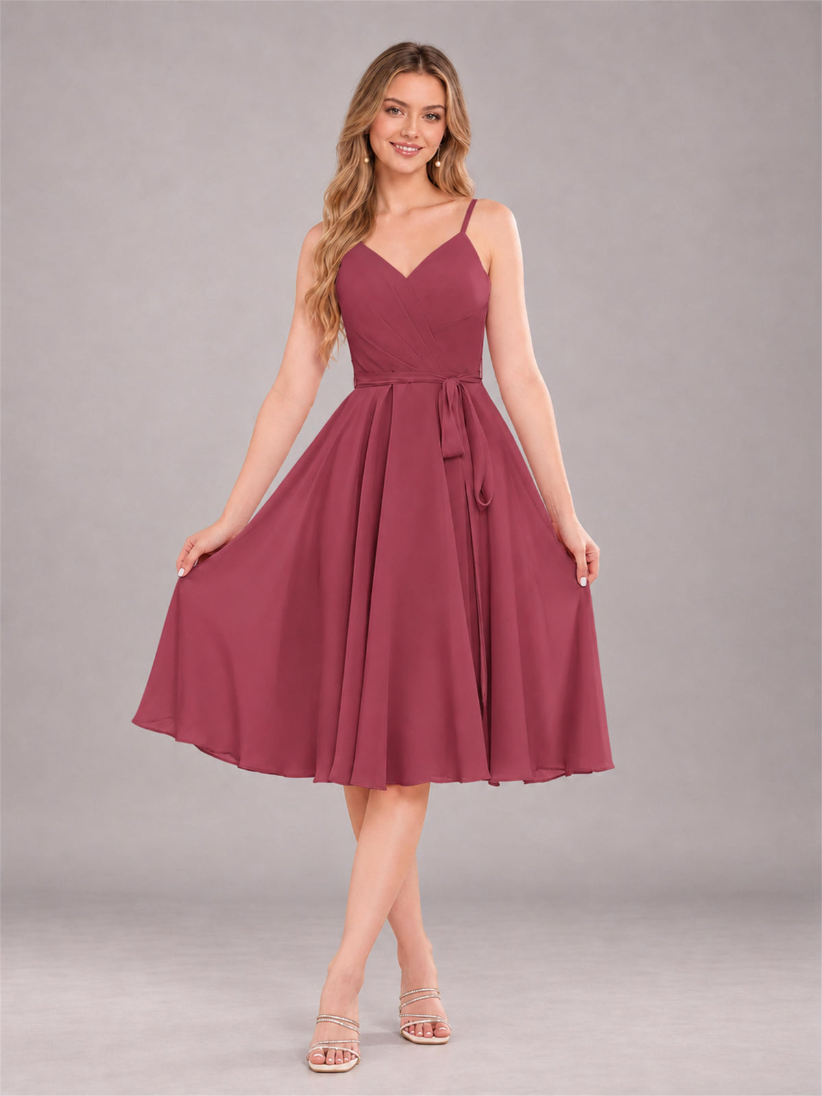 Cinnamon Rose Simple Spaghetti Straps Knee Length Chiffon Short Bridesmaid Dress