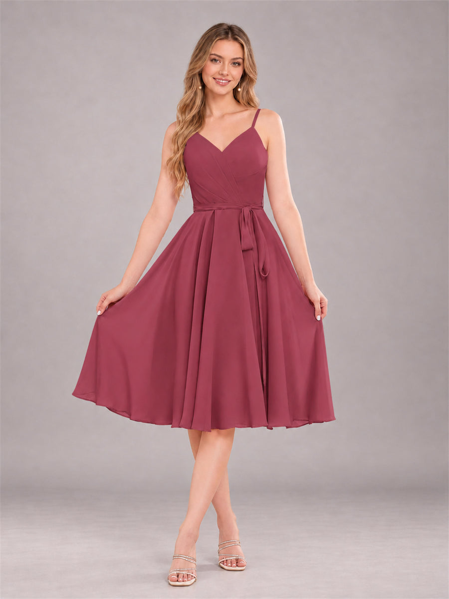 Cinnamon Rose Simple Spaghetti Straps Knee Length Chiffon Short Bridesmaid Dress