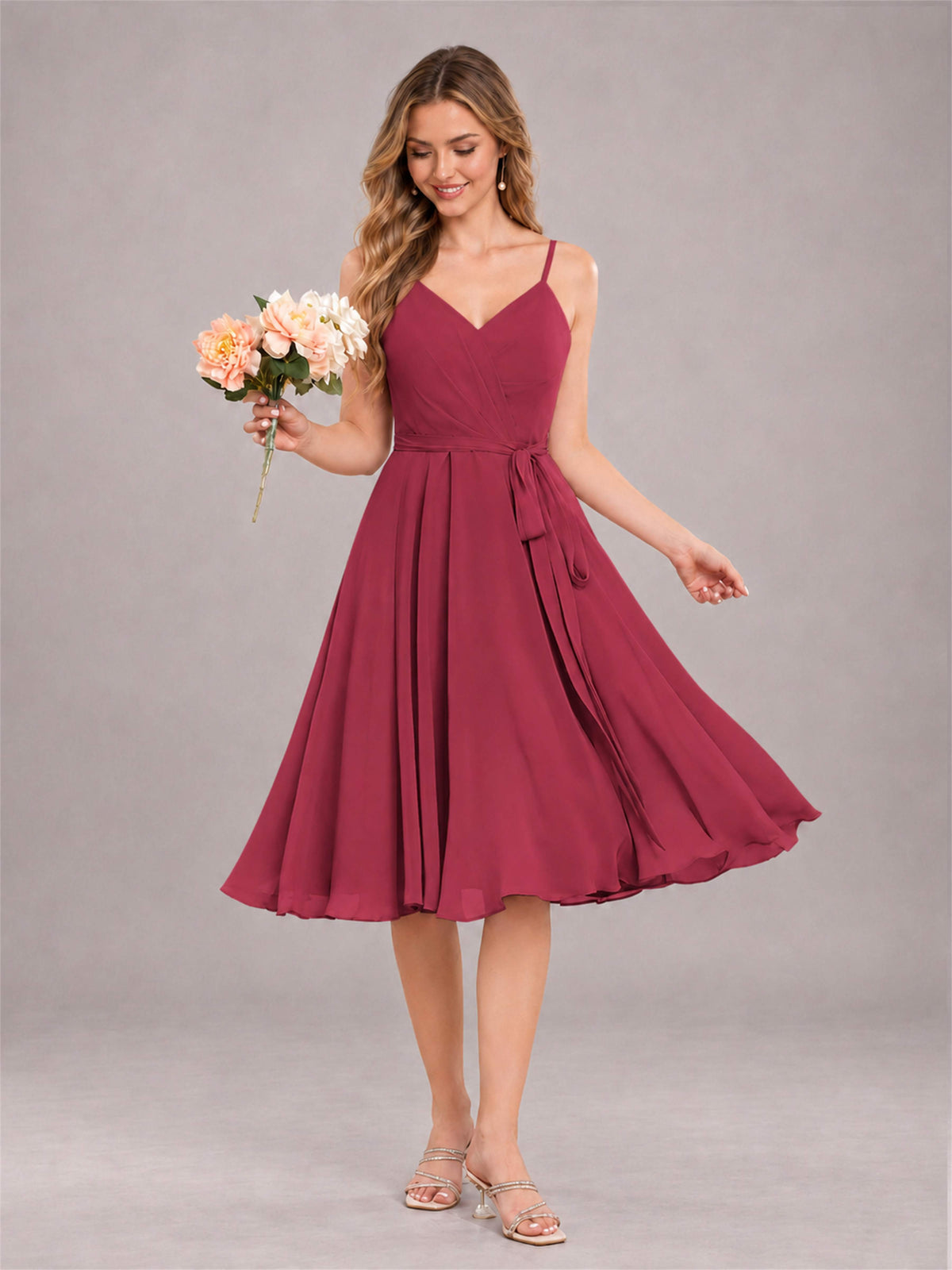 Cinnamon Rose Simple Spaghetti Straps Knee Length Chiffon Short Bridesmaid Dress