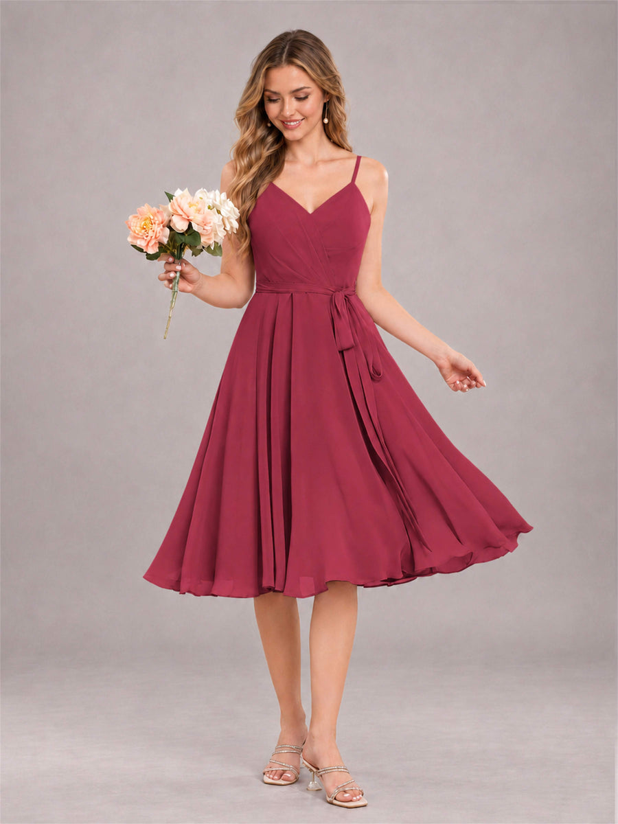 Cinnamon Rose Simple Spaghetti Straps Knee Length Chiffon Short Bridesmaid Dress