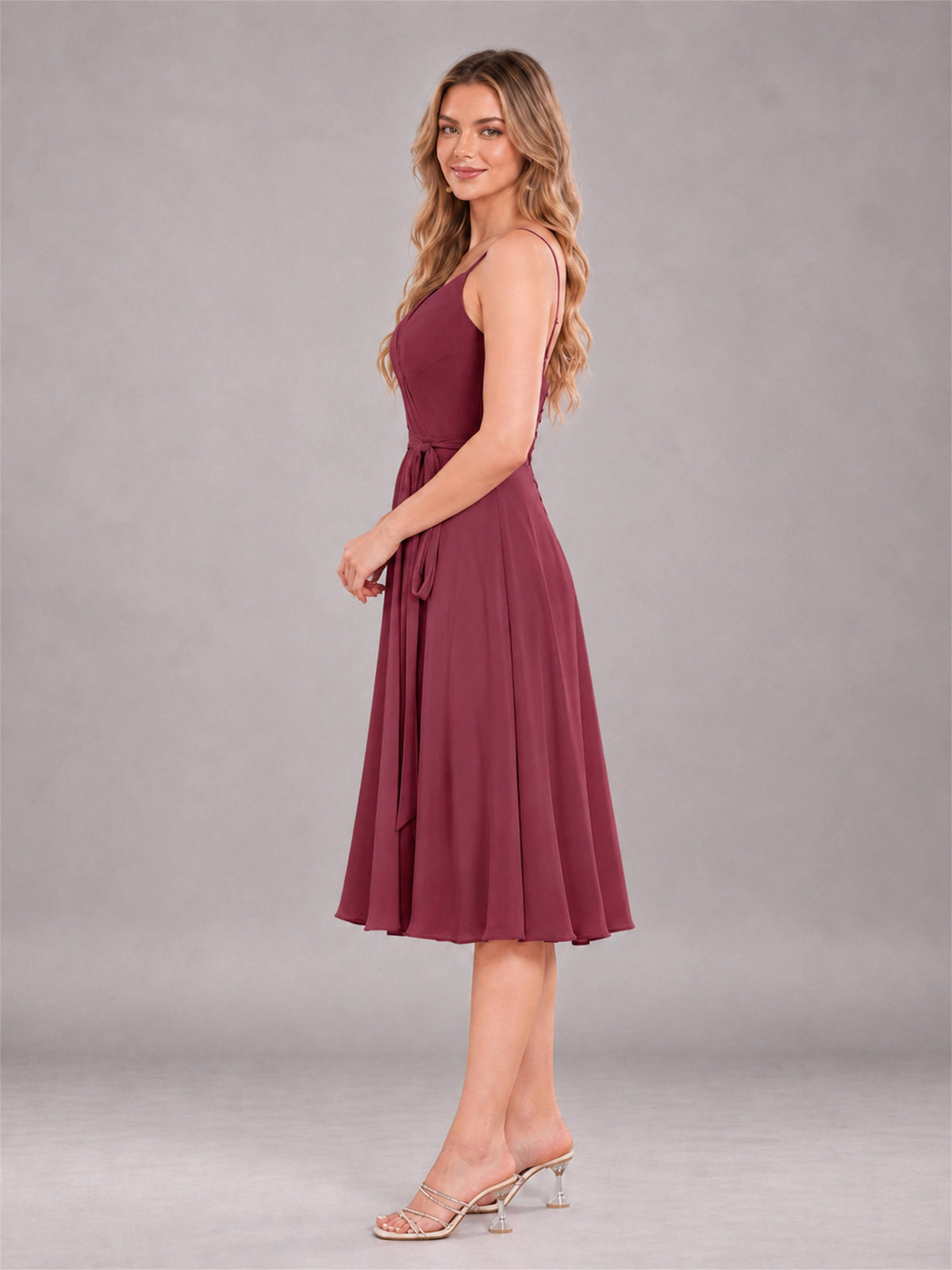 Cinnamon Rose Simple Spaghetti Straps Knee Length Chiffon Short Bridesmaid Dress