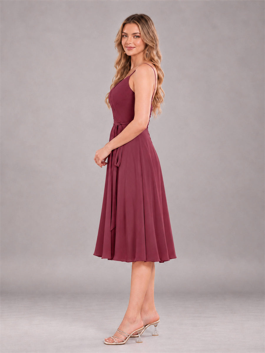 Cinnamon Rose Simple Spaghetti Straps Knee Length Chiffon Short Bridesmaid Dress