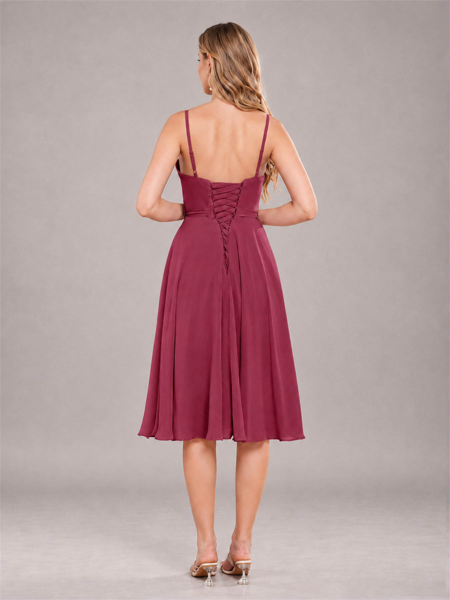 Cinnamon Rose Simple Spaghetti Straps Knee Length Chiffon Short Bridesmaid Dress