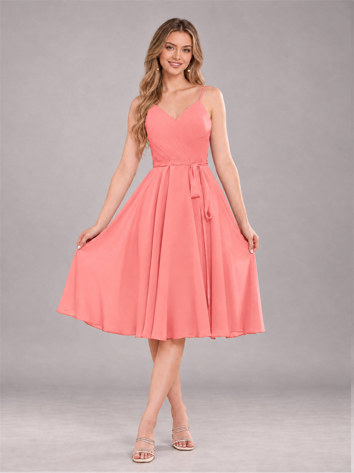 Coral Simple Spaghetti Straps Knee Length Chiffon Short Bridesmaid Dress