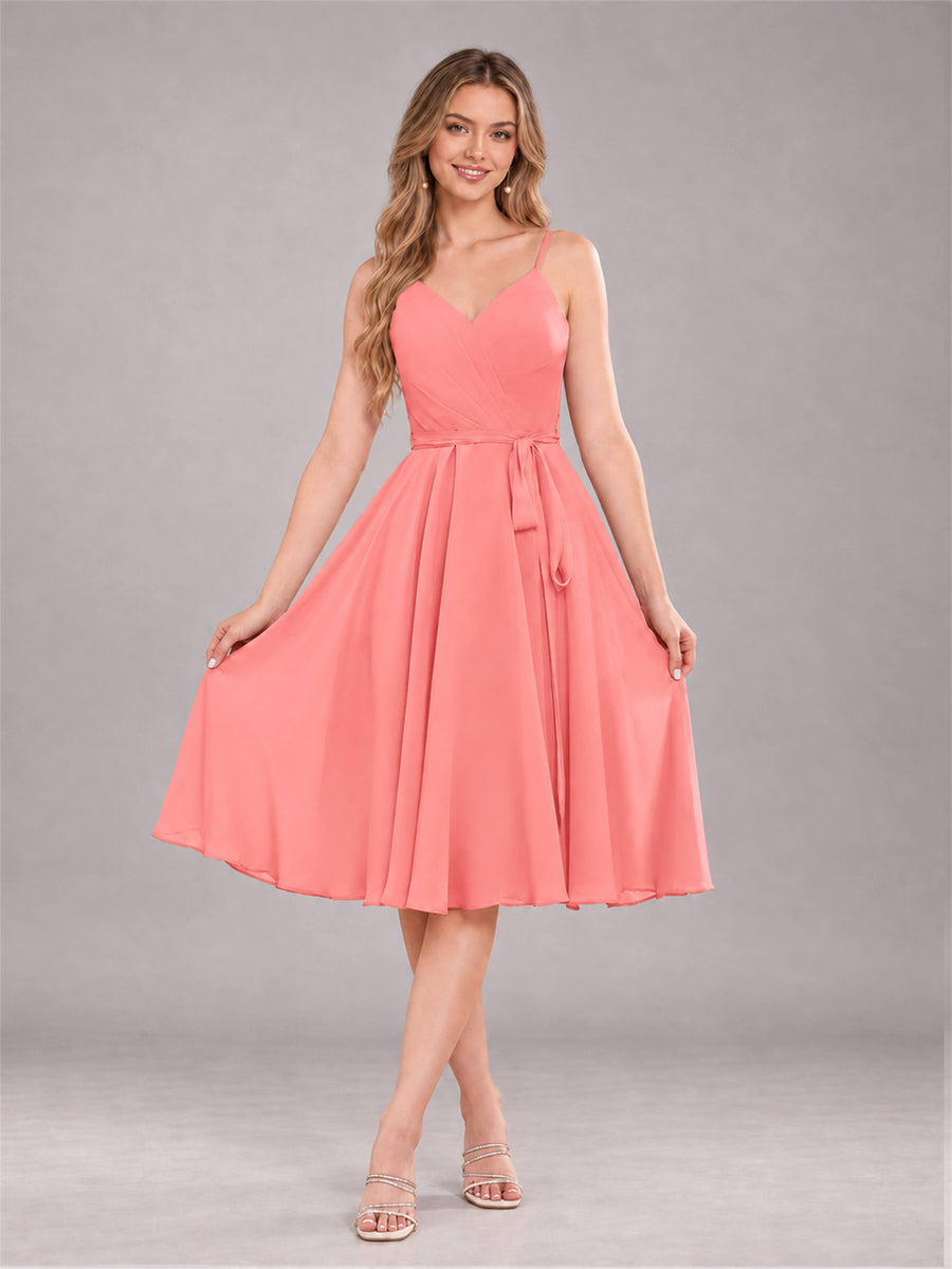 Coral Simple Spaghetti Straps Knee Length Chiffon Short Bridesmaid Dress