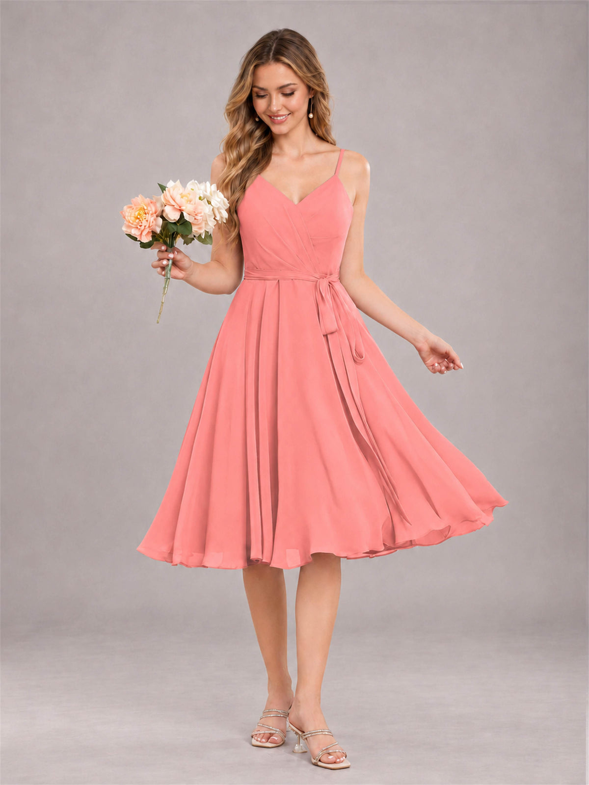 Coral Simple Spaghetti Straps Knee Length Chiffon Short Bridesmaid Dress