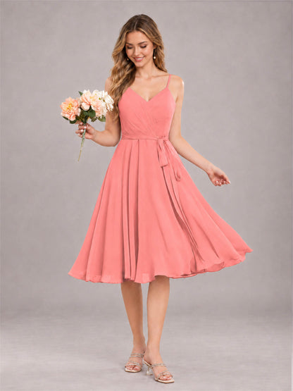 Coral Simple Spaghetti Straps Knee Length Chiffon Short Bridesmaid Dress