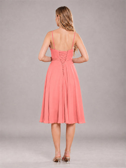 Coral Simple Spaghetti Straps Knee Length Chiffon Short Bridesmaid Dress
