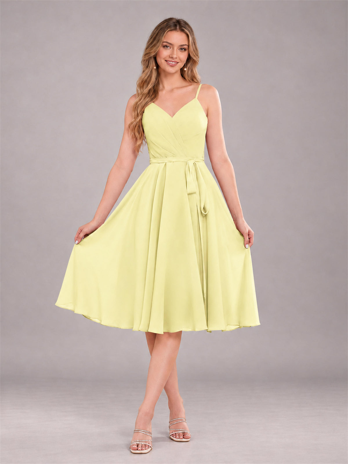 Daffodil Simple Spaghetti Straps Knee Length Chiffon Short Bridesmaid Dress