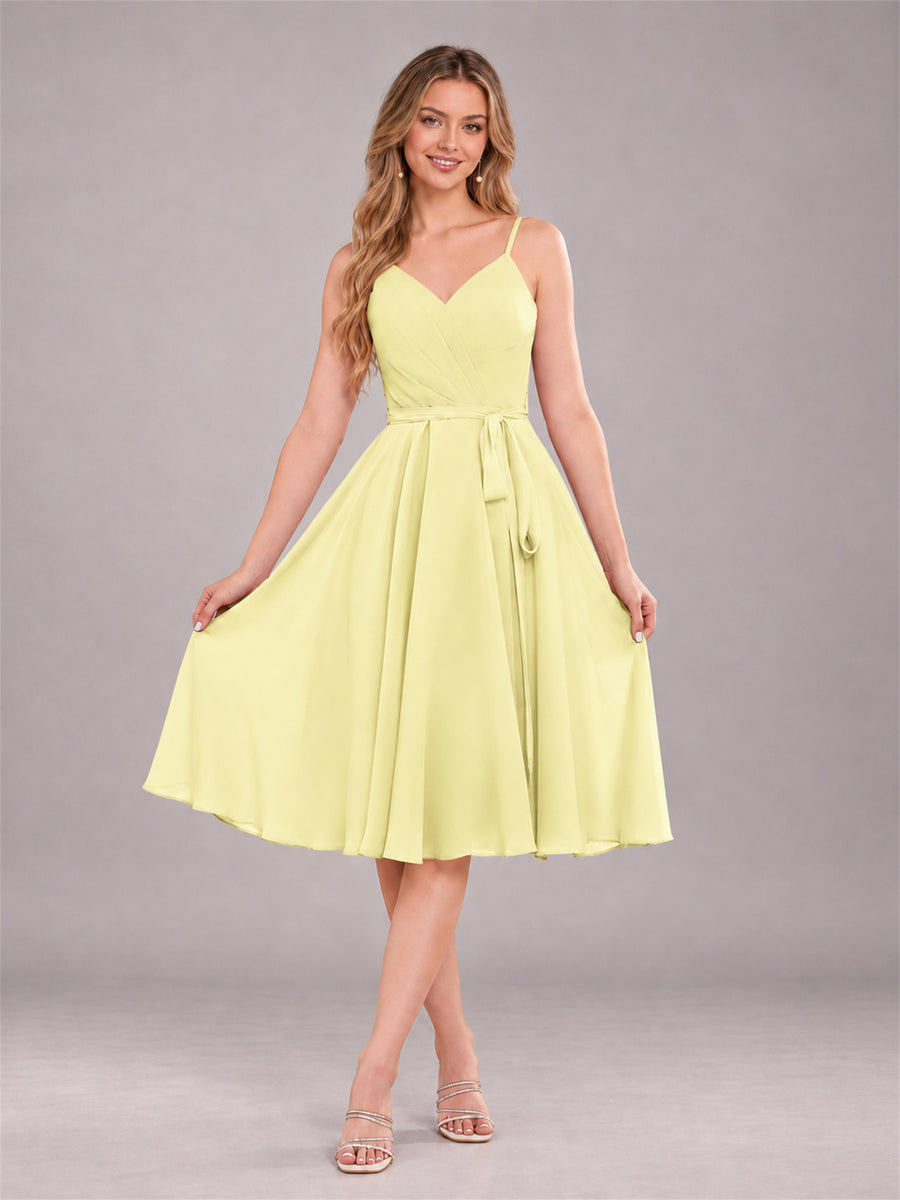 Daffodil Simple Spaghetti Straps Knee Length Chiffon Short Bridesmaid Dress