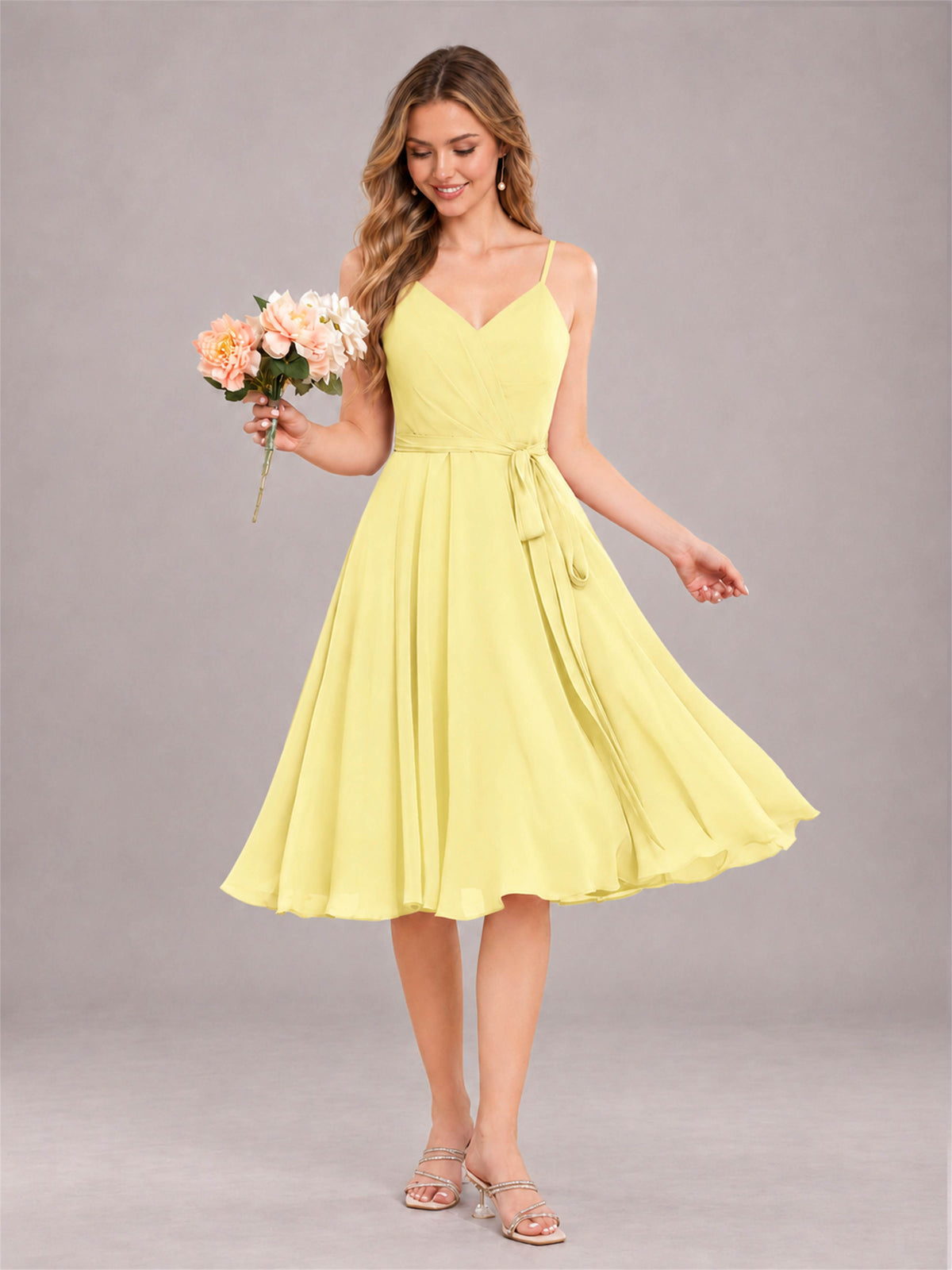 Daffodil Simple Spaghetti Straps Knee Length Chiffon Short Bridesmaid Dress