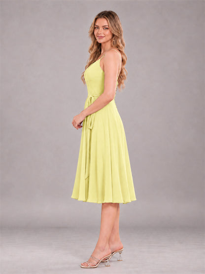 Daffodil Simple Spaghetti Straps Knee Length Chiffon Short Bridesmaid Dress