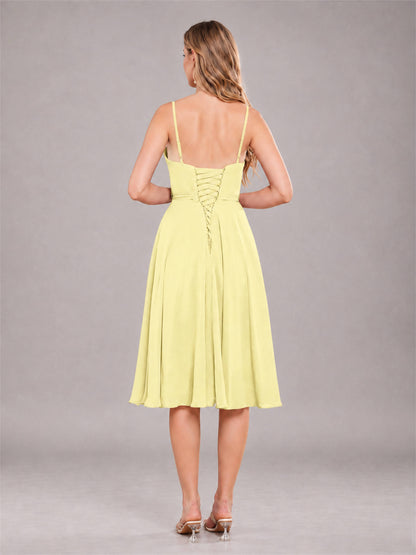 Daffodil Simple Spaghetti Straps Knee Length Chiffon Short Bridesmaid Dress