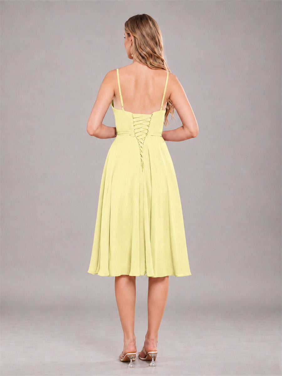 Daffodil Simple Spaghetti Straps Knee Length Chiffon Short Bridesmaid Dress