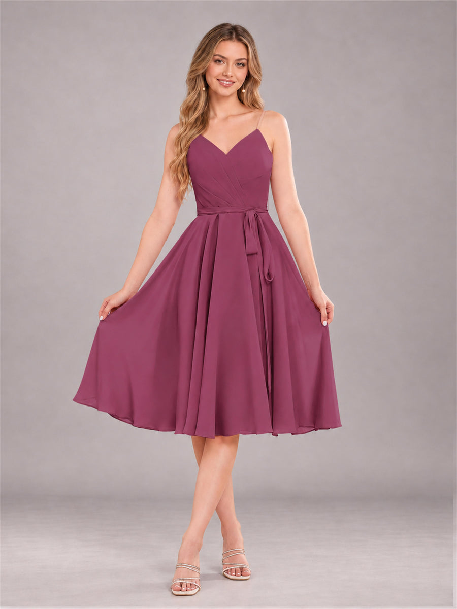 Desert Rose Simple Spaghetti Straps Knee Length Chiffon Short Bridesmaid Dress