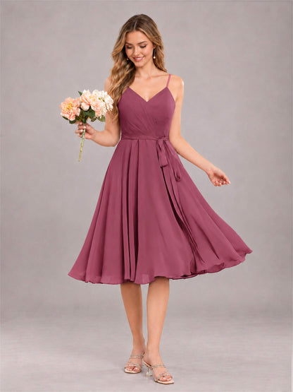 Desert Rose Simple Spaghetti Straps Knee Length Chiffon Short Bridesmaid Dress