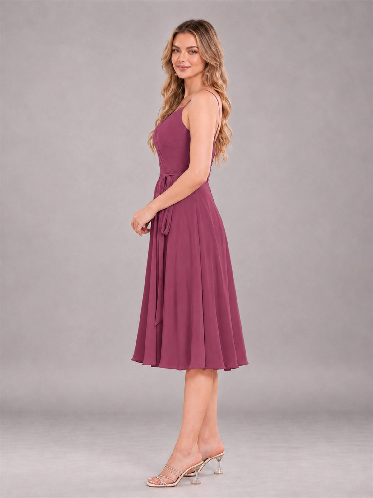 Desert Rose Simple Spaghetti Straps Knee Length Chiffon Short Bridesmaid Dress