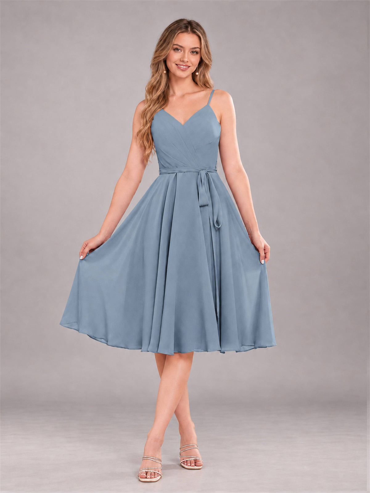 Dusty Blue Simple Spaghetti Straps Knee Length Chiffon Short Bridesmaid Dress