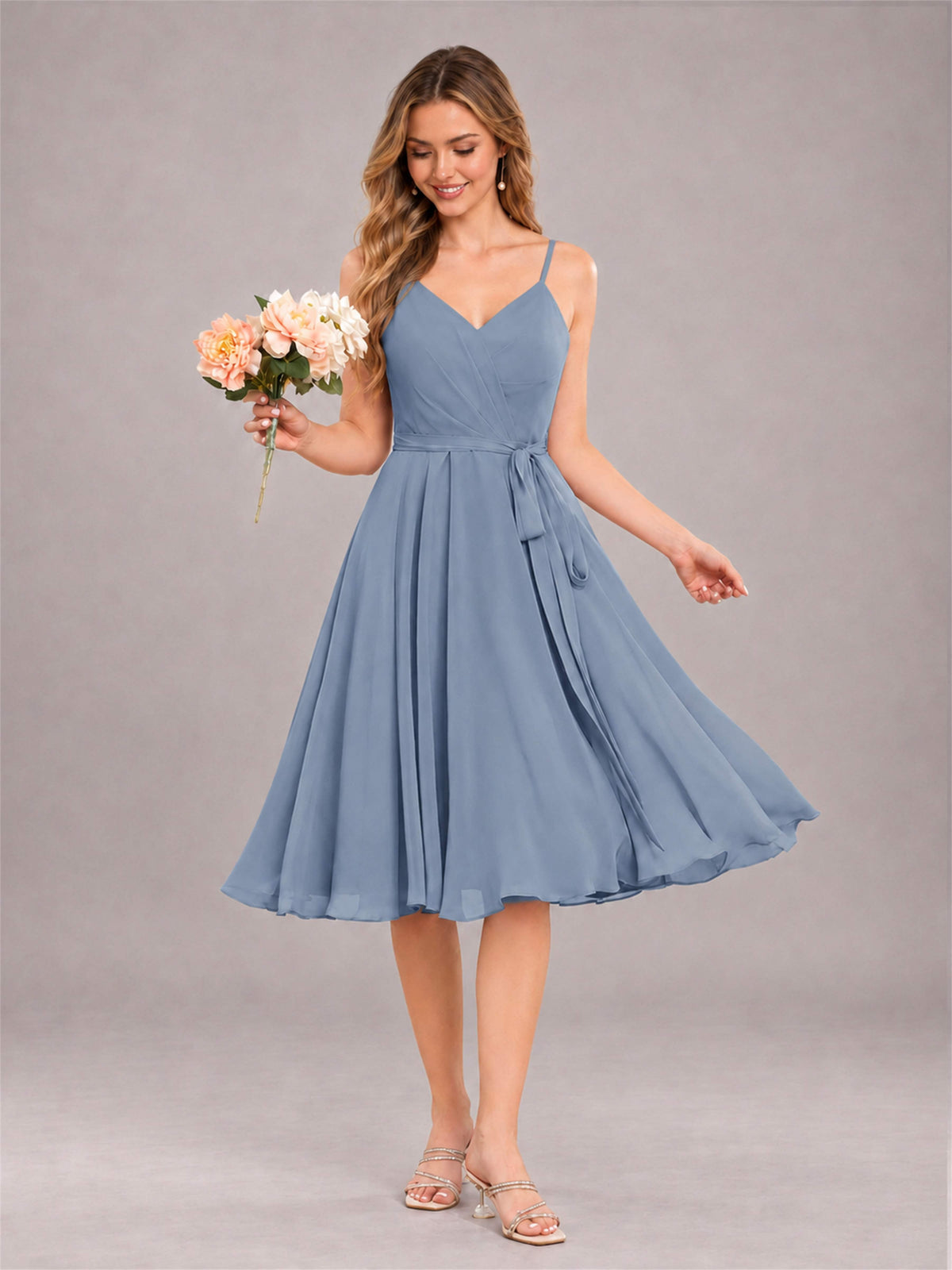 Dusty Blue Simple Spaghetti Straps Knee Length Chiffon Short Bridesmaid Dress