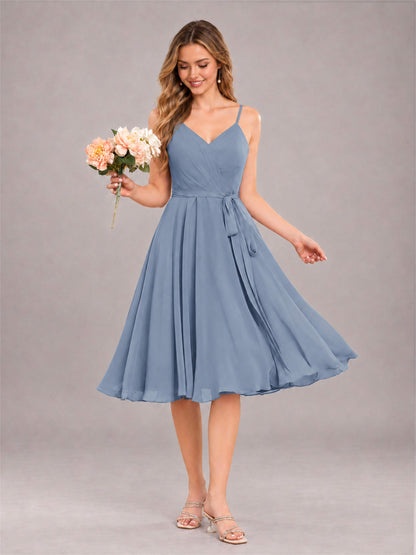 Dusty Blue Simple Spaghetti Straps Knee Length Chiffon Short Bridesmaid Dress