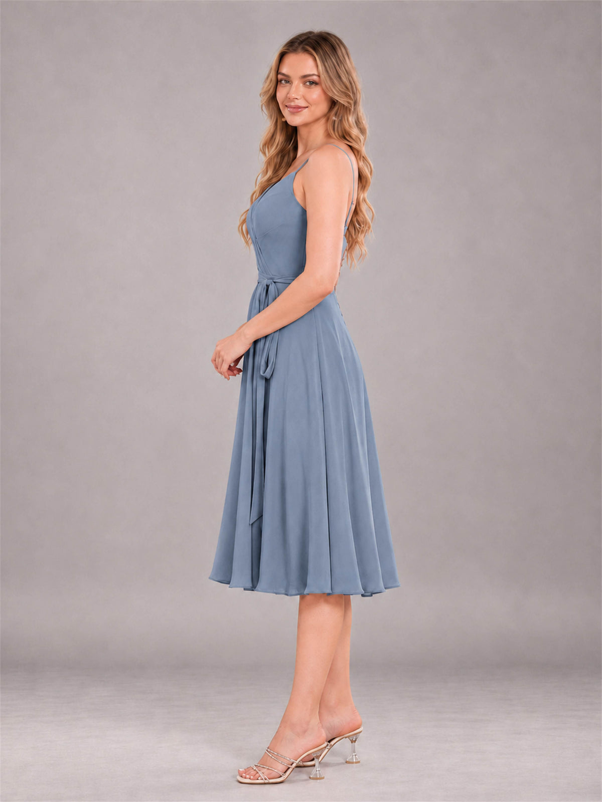 Dusty Blue Simple Spaghetti Straps Knee Length Chiffon Short Bridesmaid Dress
