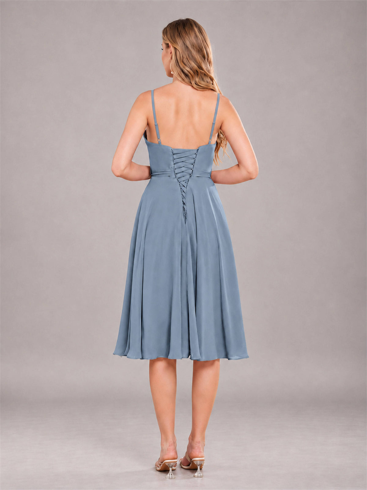 Dusty Blue Simple Spaghetti Straps Knee Length Chiffon Short Bridesmaid Dress