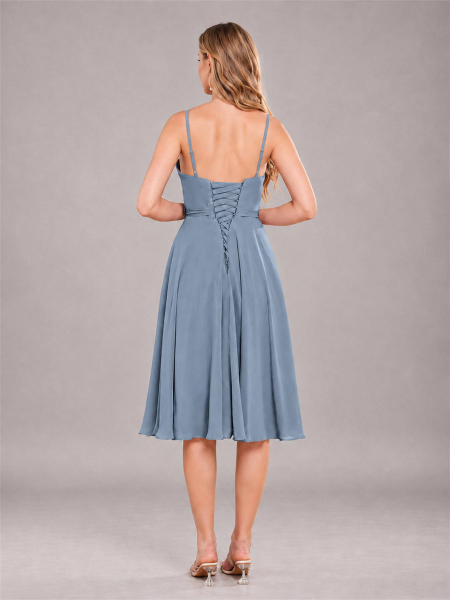Dusty Blue Simple Spaghetti Straps Knee Length Chiffon Short Bridesmaid Dress