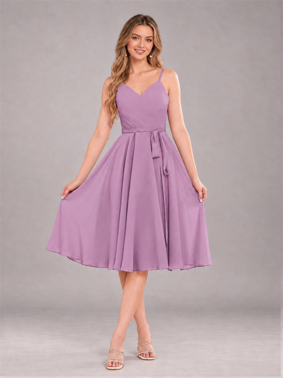Dusty Purple Simple Spaghetti Straps Knee Length Chiffon Short Bridesmaid Dress
