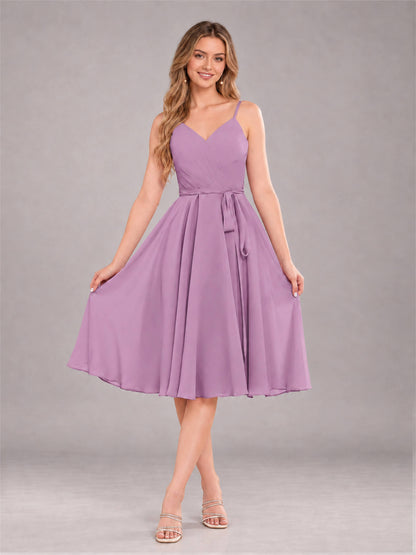 Dusty Purple Simple Spaghetti Straps Knee Length Chiffon Short Bridesmaid Dress