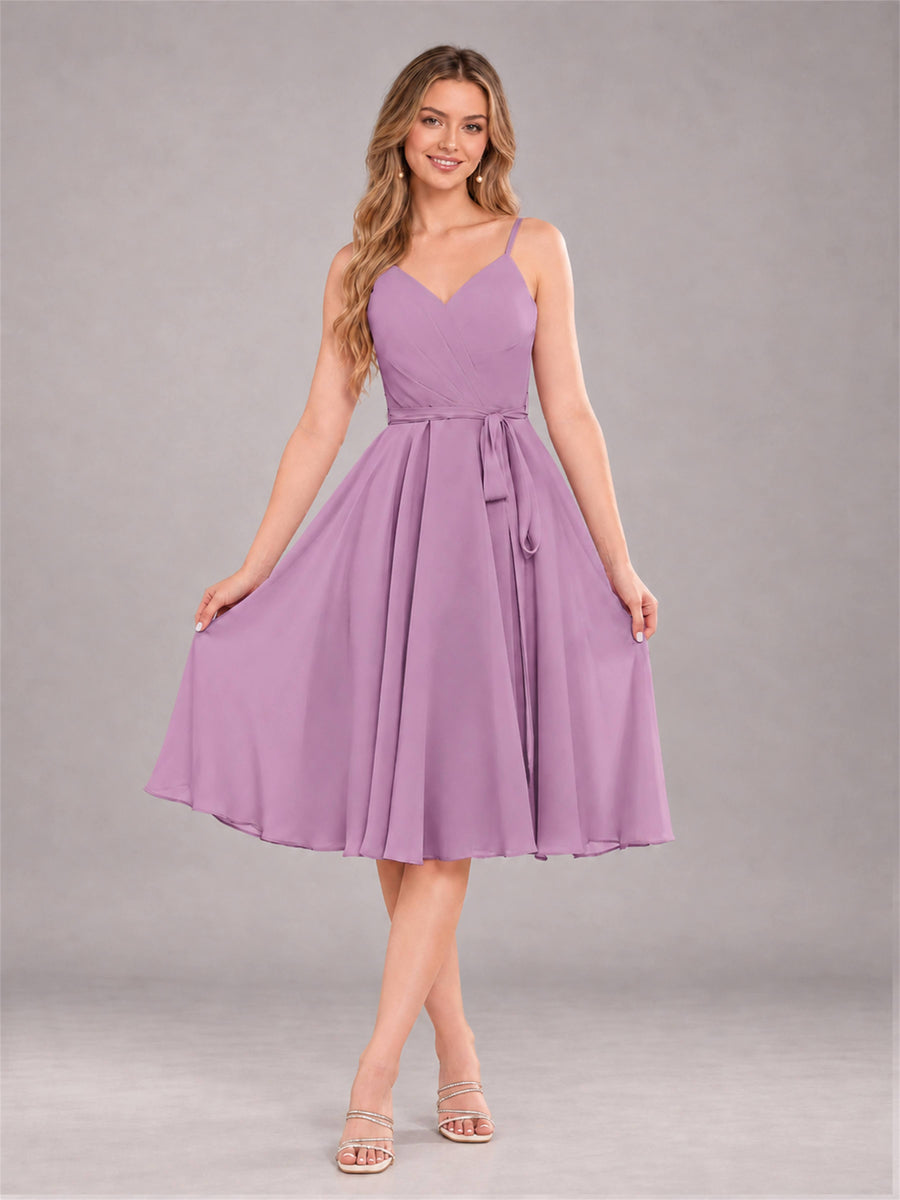 Dusty Purple Simple Spaghetti Straps Knee Length Chiffon Short Bridesmaid Dress