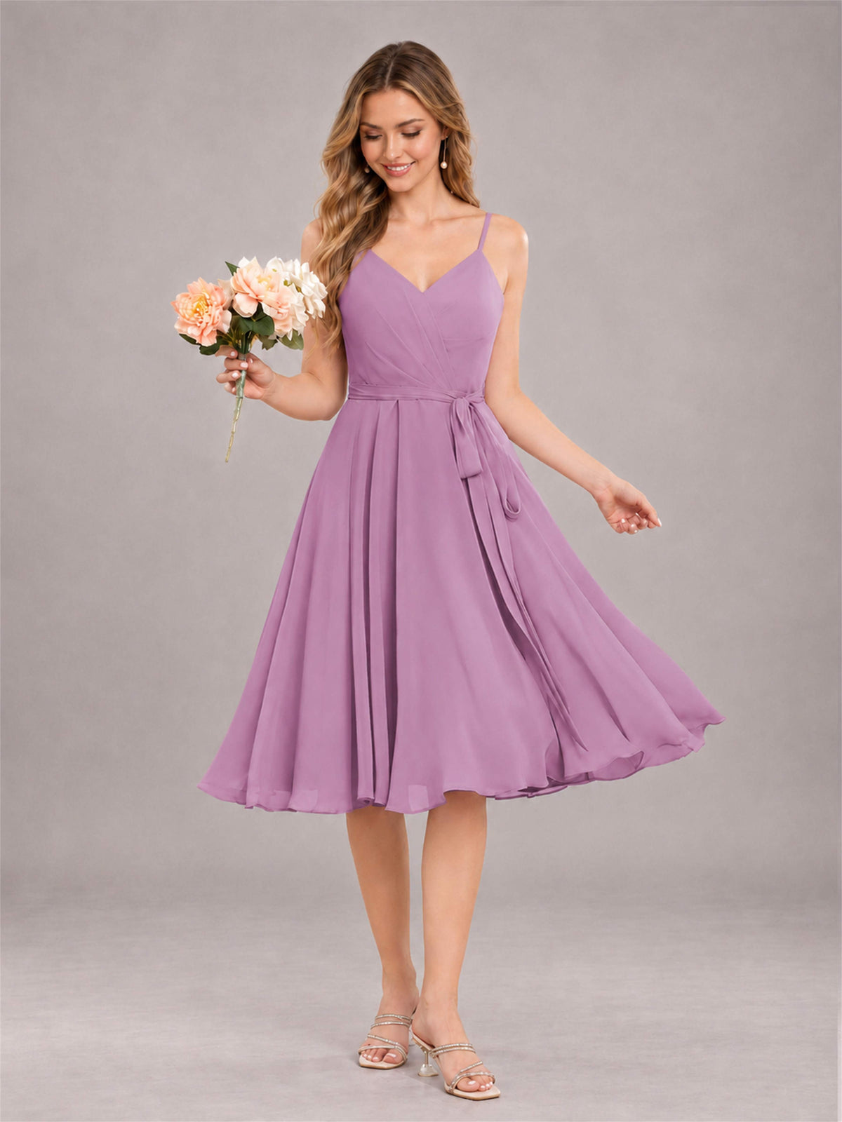 Dusty Purple Simple Spaghetti Straps Knee Length Chiffon Short Bridesmaid Dress