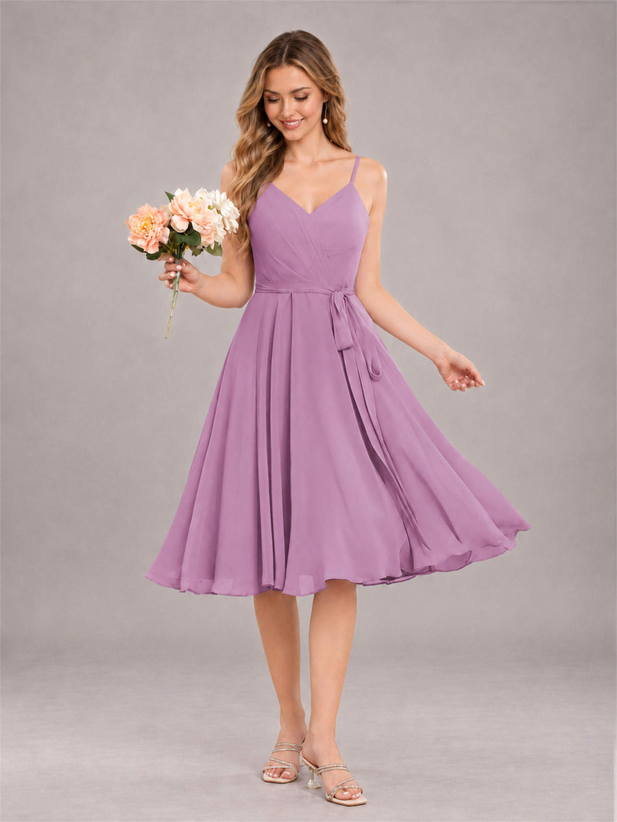 Dusty Purple Simple Spaghetti Straps Knee Length Chiffon Short Bridesmaid Dress