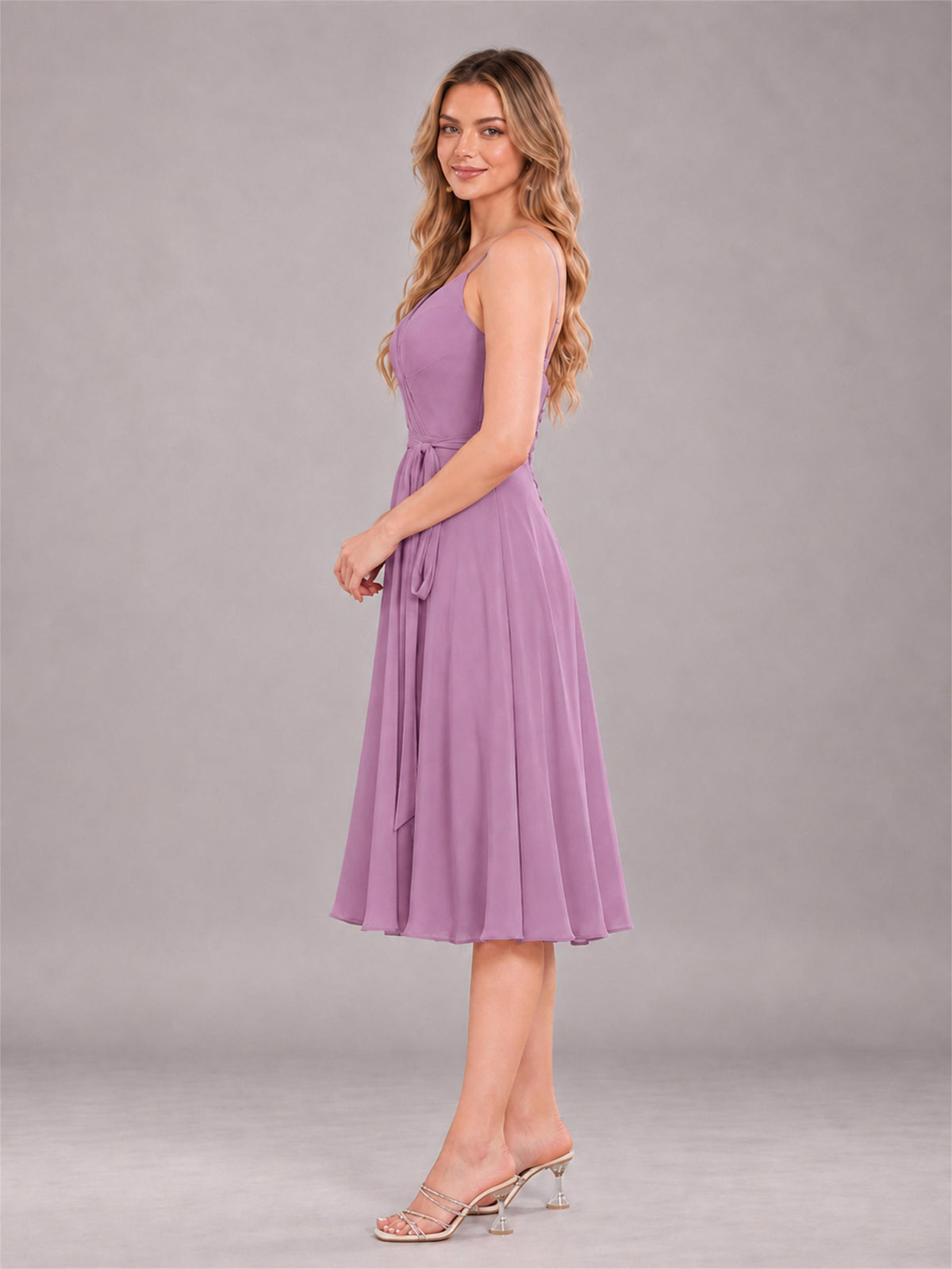 Dusty Purple Simple Spaghetti Straps Knee Length Chiffon Short Bridesmaid Dress