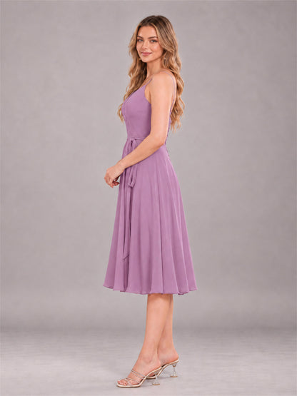 Dusty Purple Simple Spaghetti Straps Knee Length Chiffon Short Bridesmaid Dress