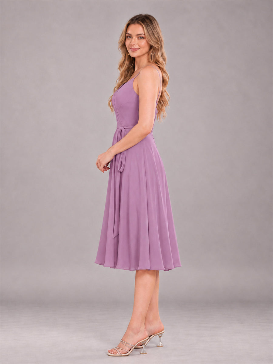 Dusty Purple Simple Spaghetti Straps Knee Length Chiffon Short Bridesmaid Dress