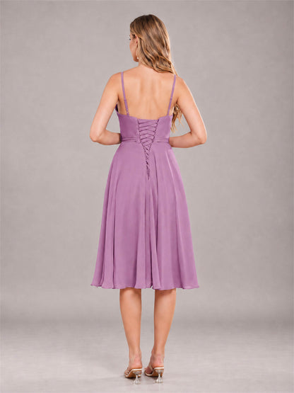 Dusty Purple Simple Spaghetti Straps Knee Length Chiffon Short Bridesmaid Dress