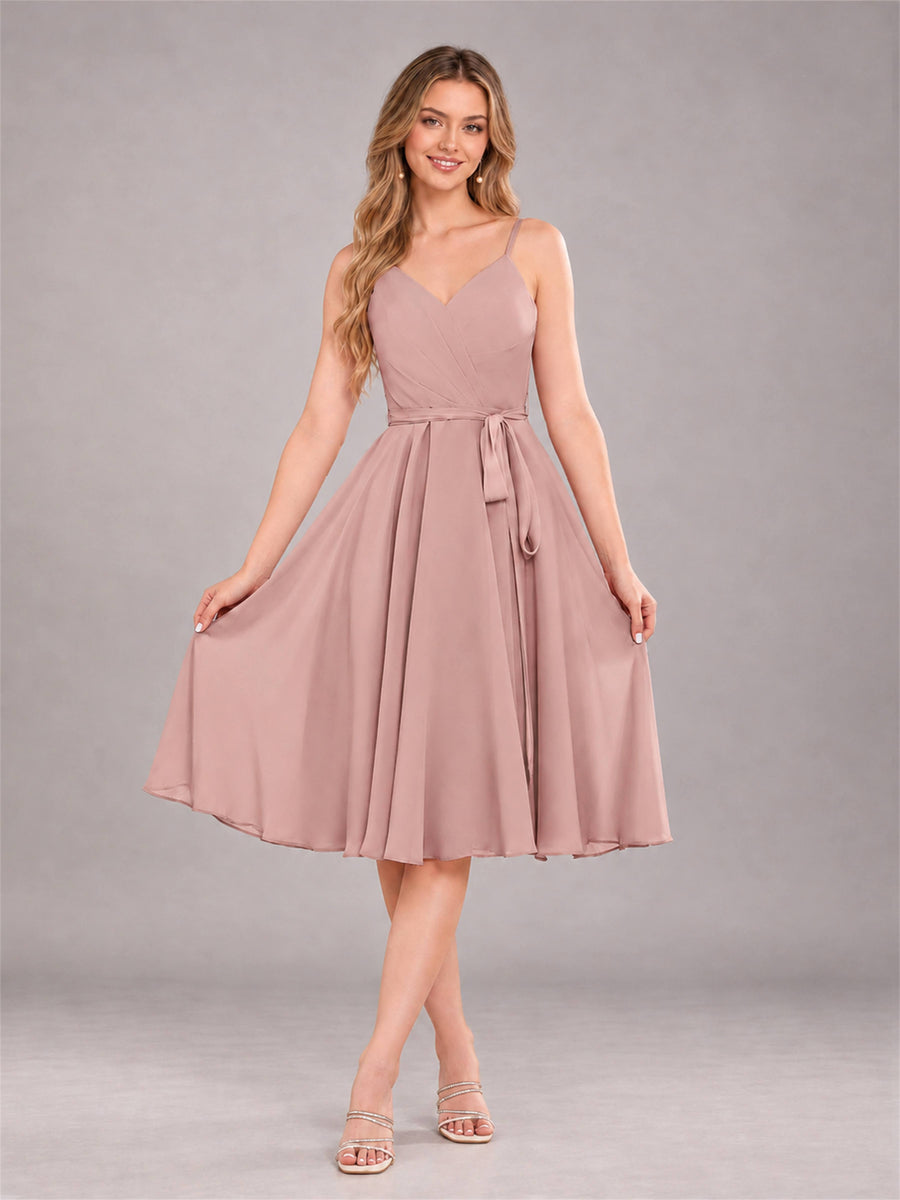 Dusty Rose Simple Spaghetti Straps Knee Length Chiffon Short Bridesmaid Dress