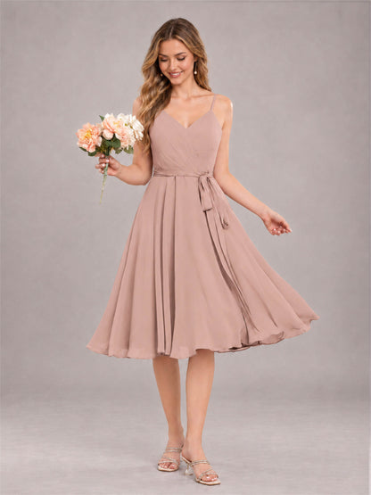 Dusty Rose Simple Spaghetti Straps Knee Length Chiffon Short Bridesmaid Dress