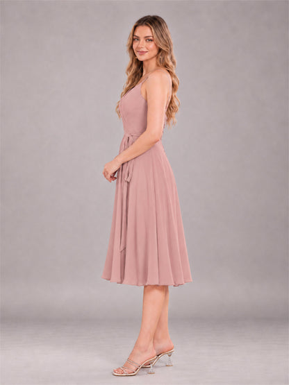 Dusty Rose Simple Spaghetti Straps Knee Length Chiffon Short Bridesmaid Dress