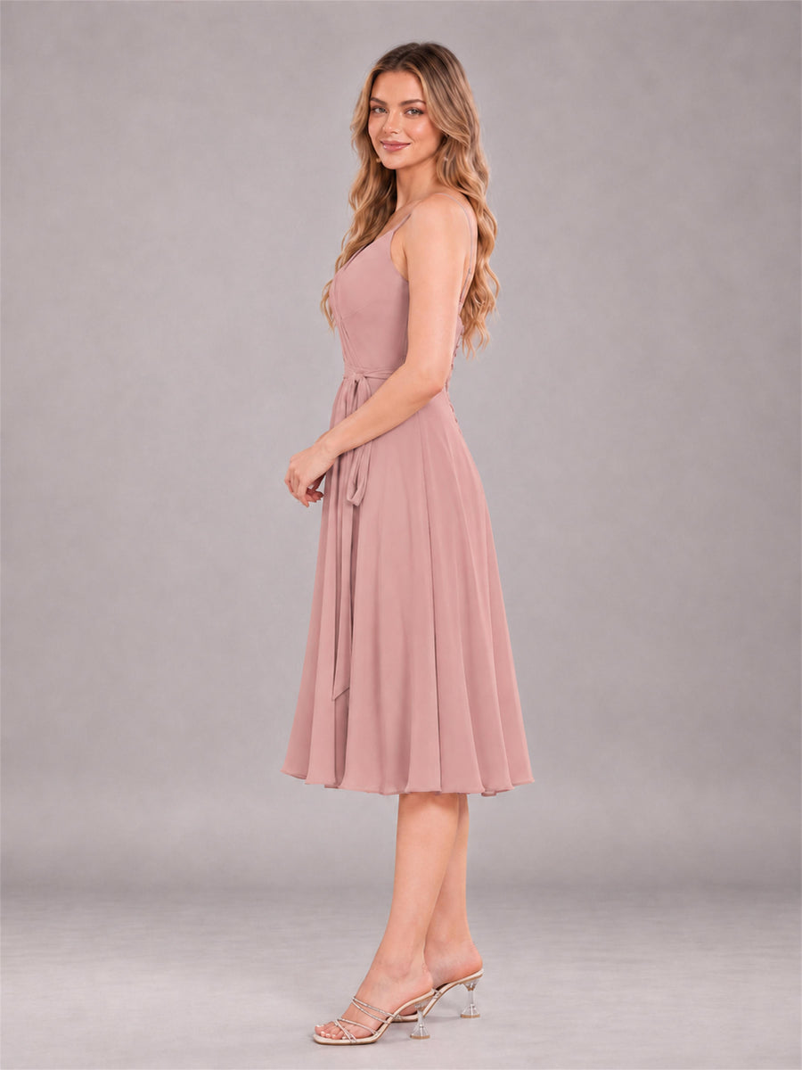 Dusty Rose Simple Spaghetti Straps Knee Length Chiffon Short Bridesmaid Dress