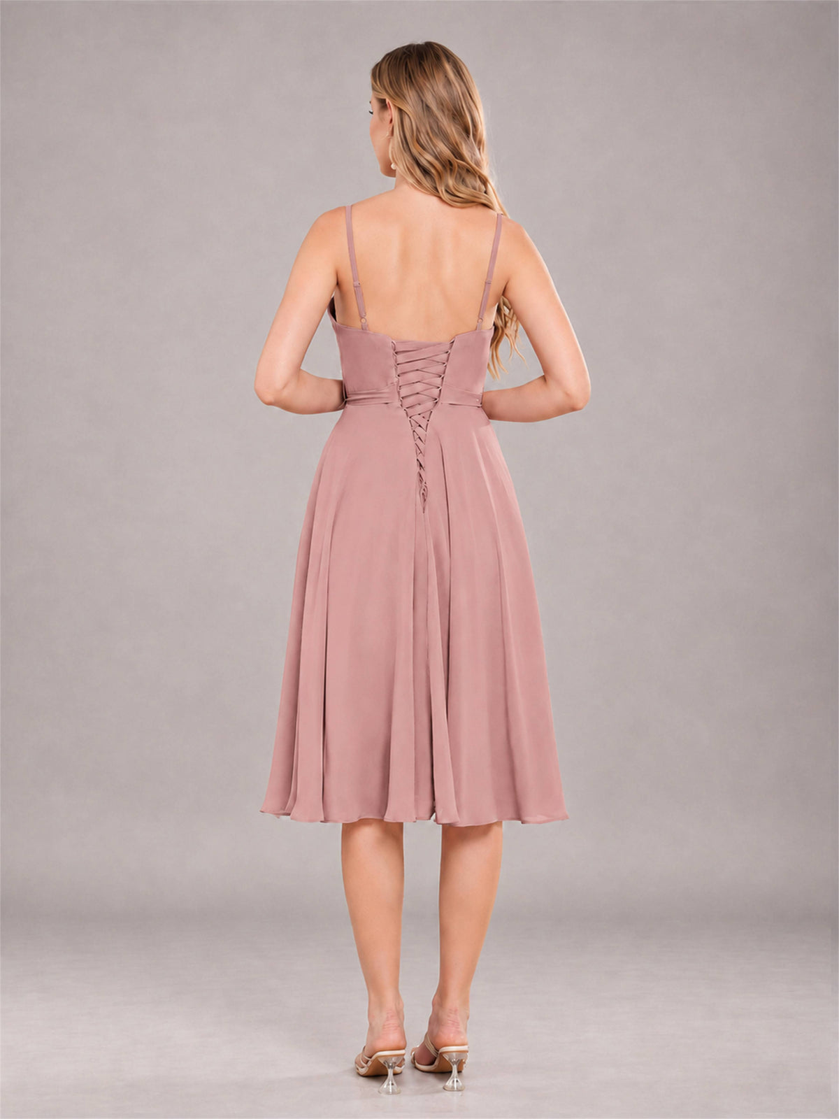 Dusty Rose Simple Spaghetti Straps Knee Length Chiffon Short Bridesmaid Dress