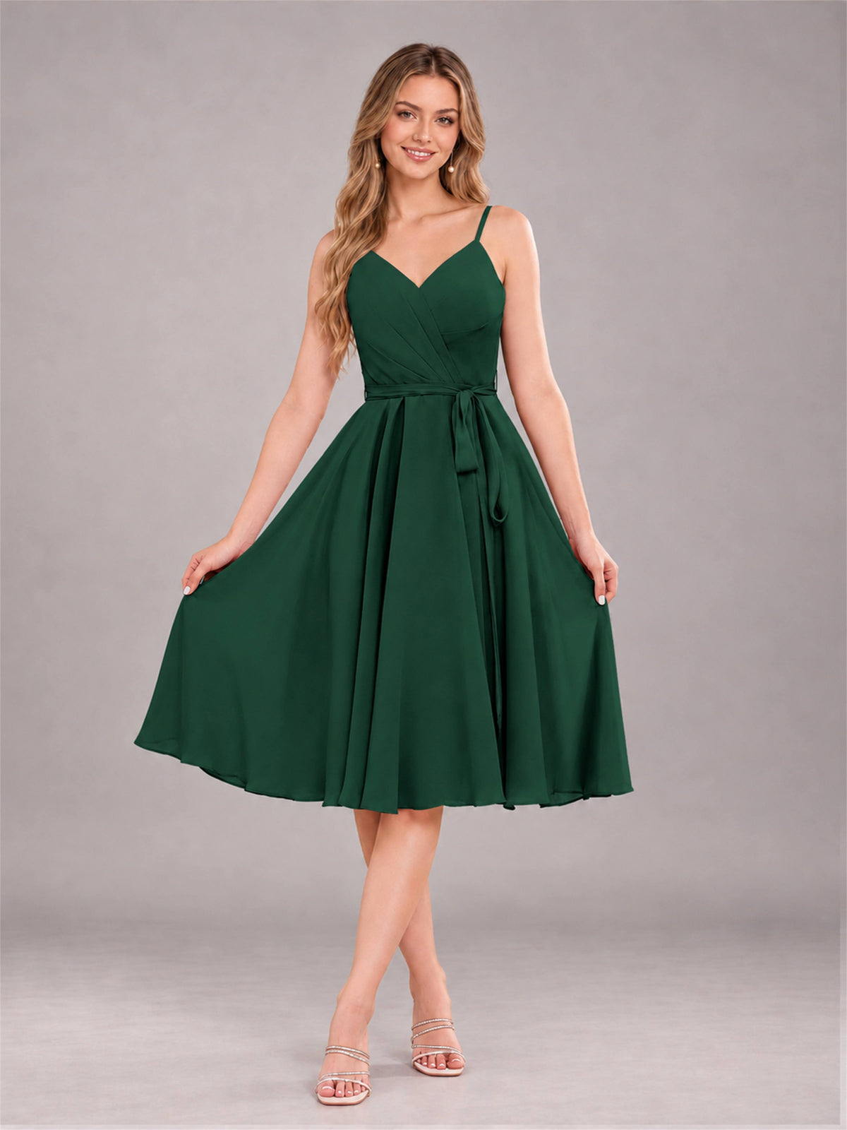 Emerald Green Simple Spaghetti Straps Knee Length Chiffon Short Bridesmaid Dress
