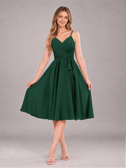 Emerald Green Simple Spaghetti Straps Knee Length Chiffon Short Bridesmaid Dress