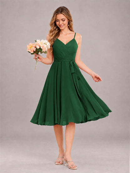 Emerald Green Simple Spaghetti Straps Knee Length Chiffon Short Bridesmaid Dress