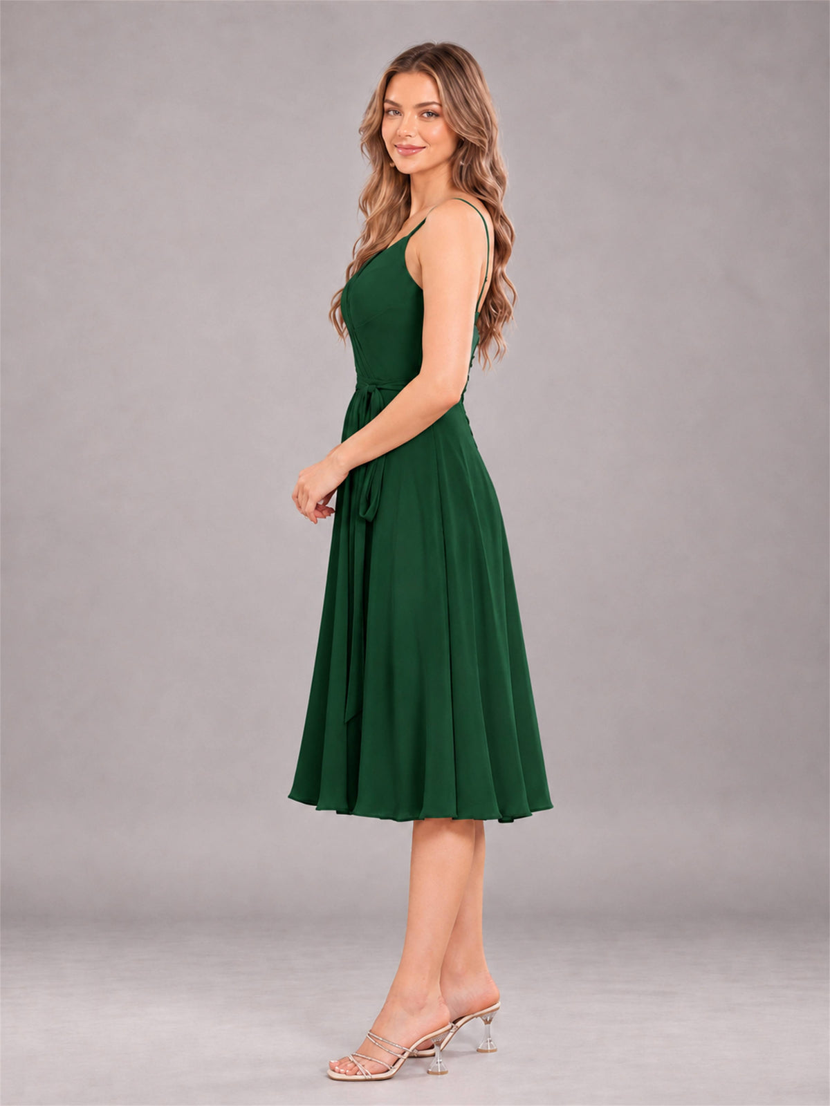 Emerald Green Simple Spaghetti Straps Knee Length Chiffon Short Bridesmaid Dress