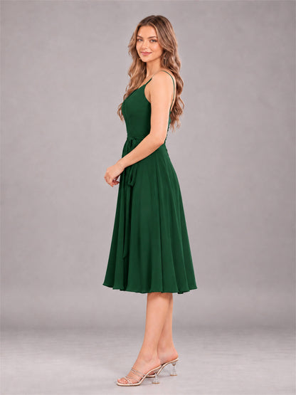Emerald Green Simple Spaghetti Straps Knee Length Chiffon Short Bridesmaid Dress