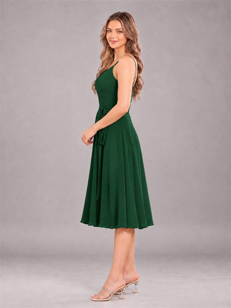 Emerald Green Simple Spaghetti Straps Knee Length Chiffon Short Bridesmaid Dress