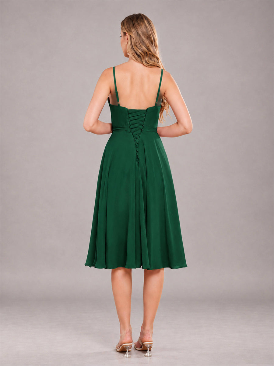Emerald Green Simple Spaghetti Straps Knee Length Chiffon Short Bridesmaid Dress