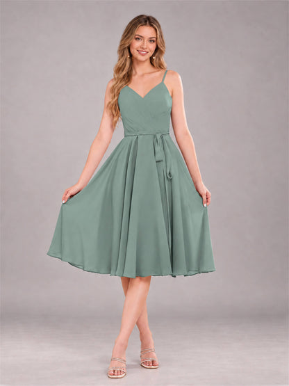 Eucalyptus Simple Spaghetti Straps Knee Length Chiffon Short Bridesmaid Dress